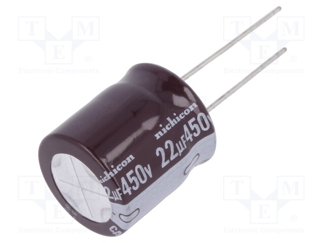 Capacitor: electrolytic; THT; 22uF; 450VDC; Ø18x20mm; Pitch: 7.5mm