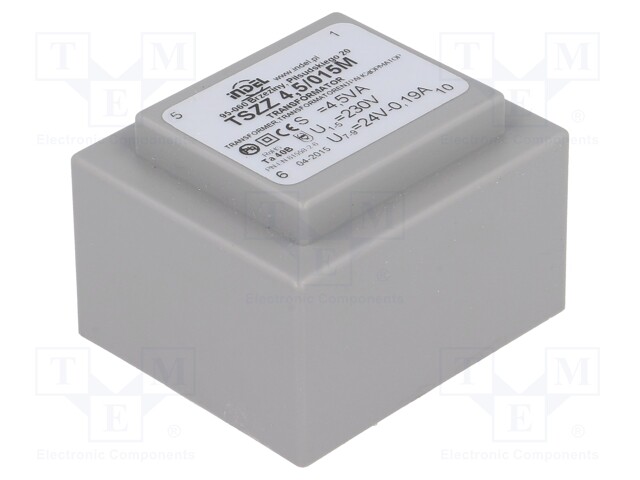 Transformer: encapsulated; 4.5VA; 230VAC; 24V; 0.18A; Mounting: PCB