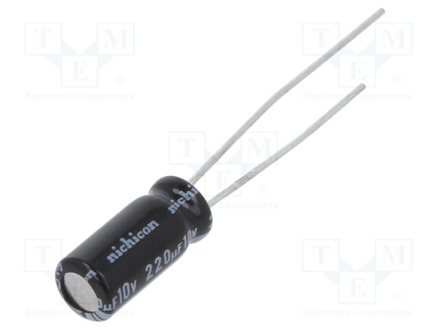 Capacitor: electrolytic; THT; 220uF; 10VDC; Ø5x11mm; Pitch: 2mm