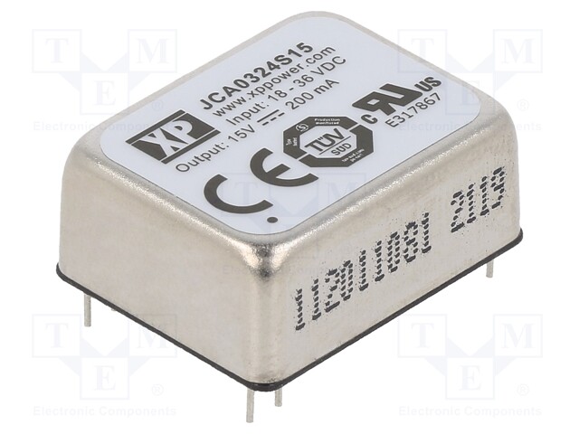 Isolated Board Mount DC/DC Converter, 2:1 Input, ITE, 1 Output, 3 W, 15 V, 200 mA