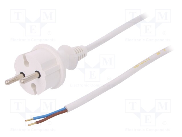 Cable; CEE 7/17 (C) plug,wires; 3m; white; PVC; 2x1mm2; 16A; 250V