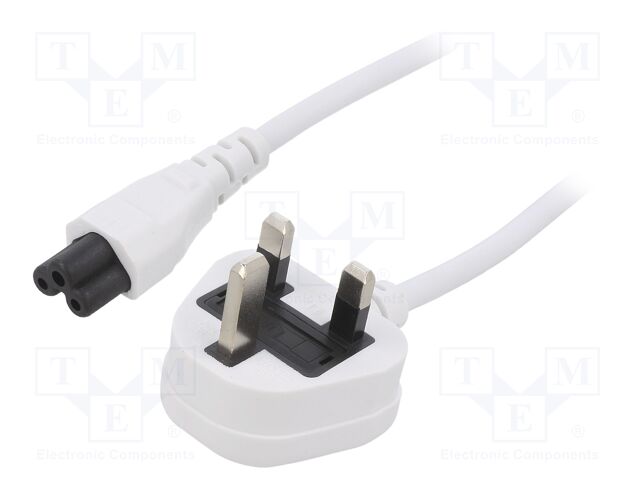 Cable; 3x0.75mm2; BS 1363 (G) plug,IEC C5 female; PVC; 3m; white