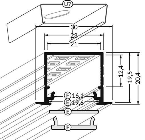 Profiles for LED modules; recessed; black; L: 2m; aluminium