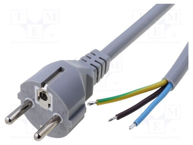 Cable; CEE 7/7 (E/F) plug,wires; 3m; grey; PVC; 3x0,75mm2; 6A; 250V