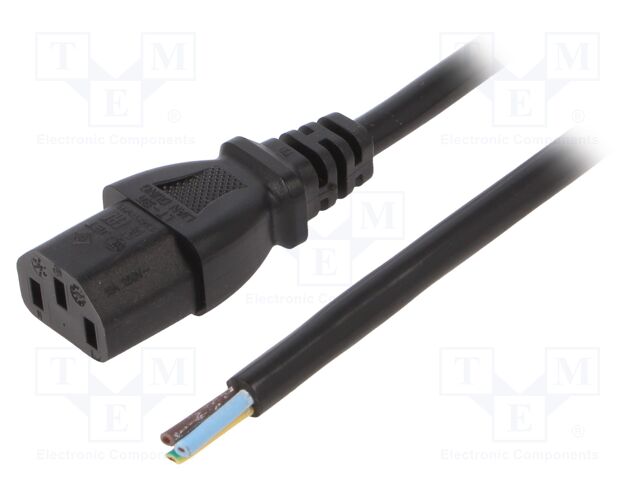 Cable; IEC C13 female,wires; 3m; black; PVC; 3x1mm2; 10A; 250V