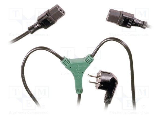 Cable; CEE 7/7 (E/F) plug angled,IEC C13 female x2; 1.7m; black