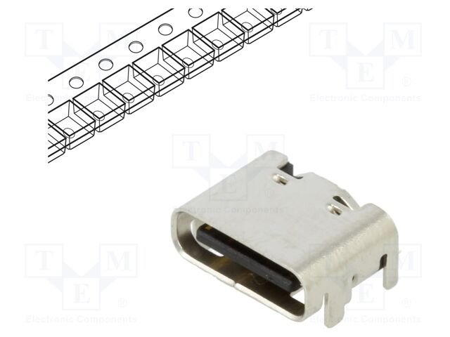 Socket; USB C; SMT; PIN: 16; horizontal; top board mount; USB 2.0