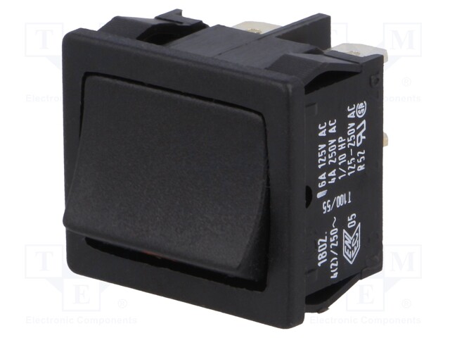 ROCKER; DPST; Pos: 2; OFF-(ON); 4A/250VAC; black; IP40; none; 100mΩ
