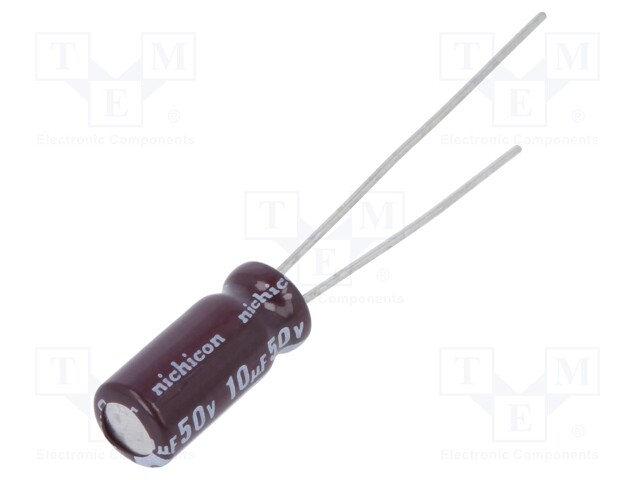Capacitor: electrolytic; THT; 10uF; 50VDC; Ø5x11mm; Pitch: 2mm; ±20%