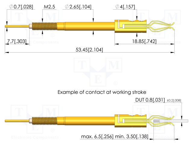 Test needle; Spring compression: 3.5mm; 6.5mm; 10A; CuBe; Ø: 3.45mm