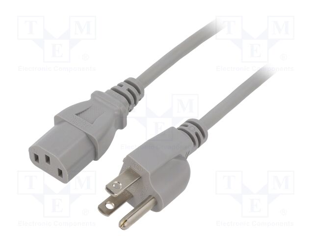 Cable; 3x18AWG; IEC C13 female,NEMA 5-15 (B) plug; PVC; 1m; grey