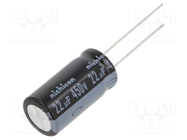Capacitor: electrolytic; THT; 22uF; 450VDC; Ø12.5x25mm; Pitch: 5mm