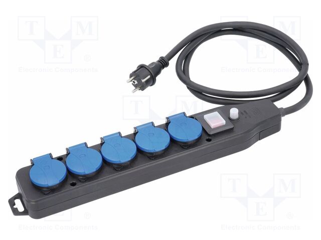 Extension lead; 3G2.5mm2; with flap; Sockets: 5; rubber; black; 2m