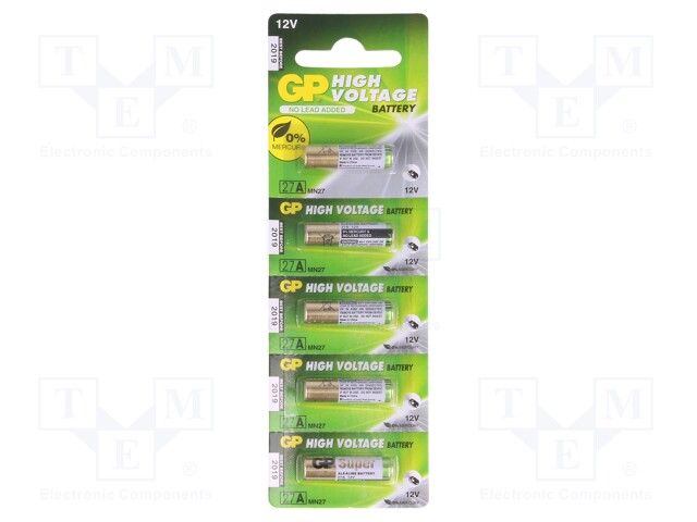 Battery: alkaline; 12V; 27A,8LR50,A27,MN27; Batt.no: 5; Ø8x28mm