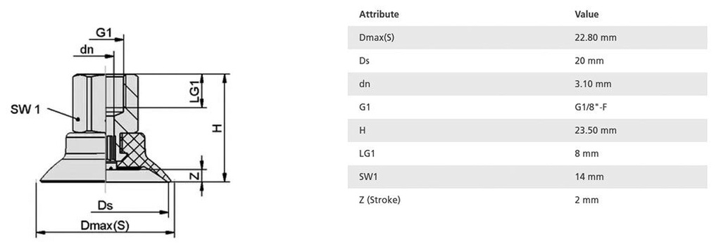 Suction cup; 20mm; 6.5g; G 1/8 F; Shore hardness: 60; 0.5cm3; SUF
