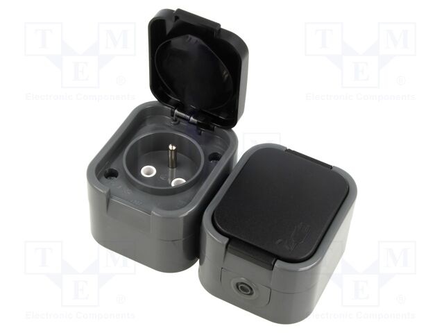 Connector: AC supply; socket; 2P+PE; 250VAC; 16A; grey; wall mount