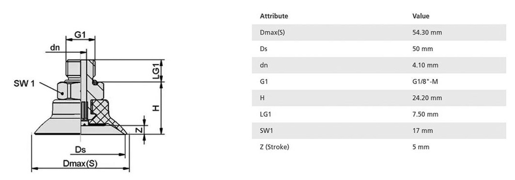 Suction cup; 50mm; 23.1g; G 1/8 M; Shore hardness: 60; 7.1cm3; SUF