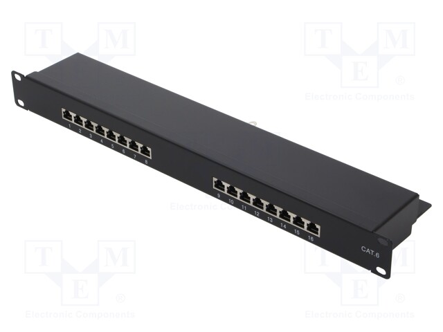 Patch panel; RJ45; Cat: 6; RACK; Colour: black; Number of ports: 16