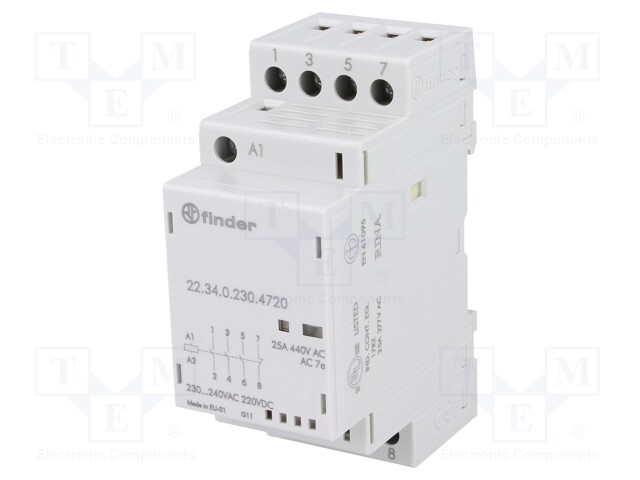 Relay: installation; monostable; NC + NO x3; Ucoil: 230VAC; 25A