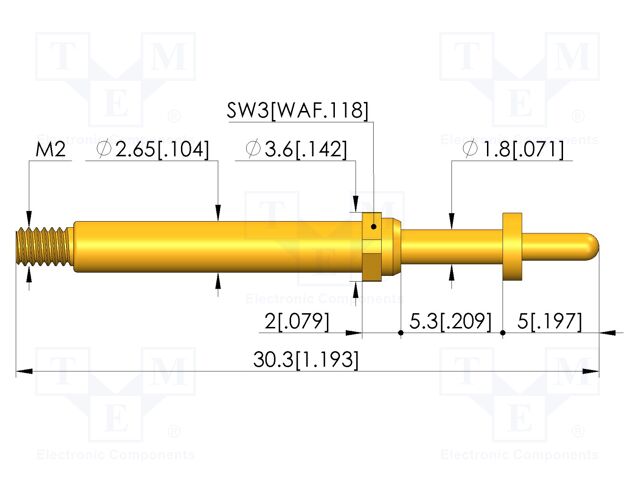 Test needle; Spring compression: 4mm; 5mm; 8A; CuBe; gold-plated