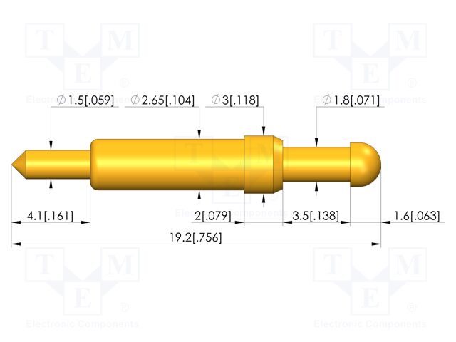 Test needle; Spring compression: 2.8mm; 3.5mm; 8A; CuBe; Ø: 2.3mm