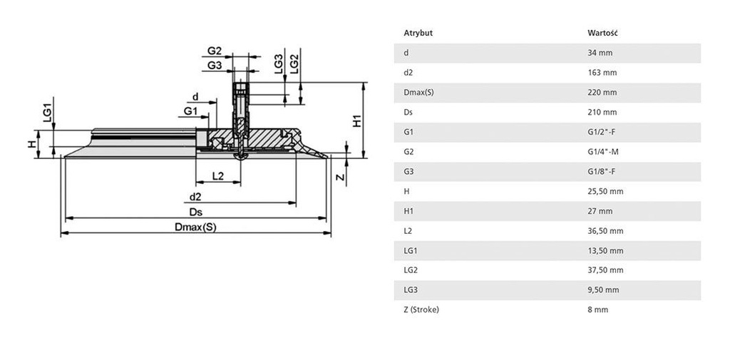 Suction cup; 210mm; G 1/2 F; Shore hardness: 55; 192cm3; SPU