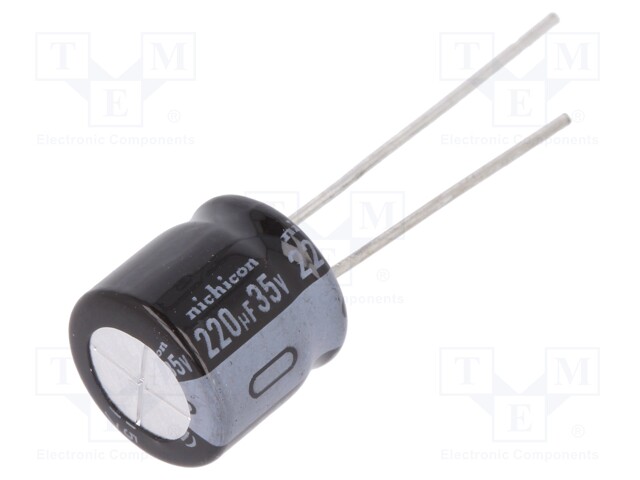 Capacitor: electrolytic; THT; 220uF; 35VDC; Ø10x9mm; Pitch: 5mm