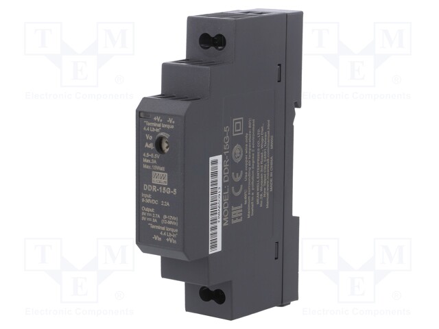 Power supply: DC/DC; 15W; 5VDC; 3A; 9÷36VDC; Mounting: DIN; 68g; 84%