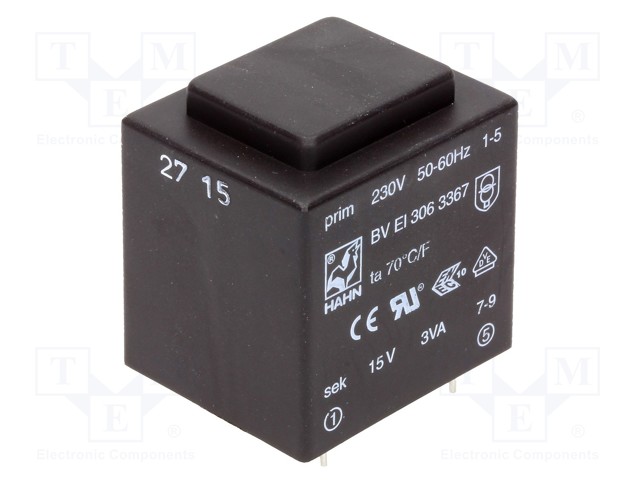 Transformer: encapsulated; 3VA; 230VAC; 15V; 200mA; Mounting: PCB