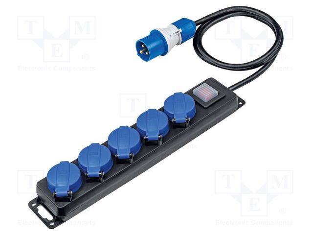 Extension lead; 3G1.5mm2; with flap; Sockets: 5; rubber; black