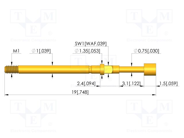 Test needle; Spring compression: 2.4mm; 3mm; 4A; CuBe; gold-plated