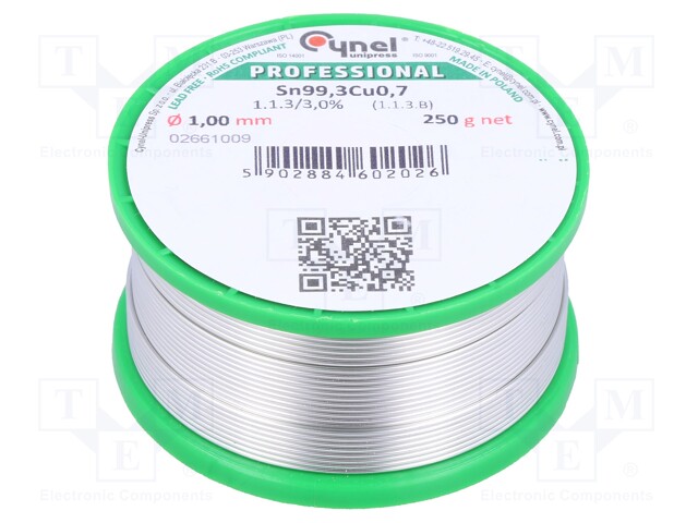 Soldering wire; Sn99,3Cu0,7; 1mm; 250g; lead free; Package: reel