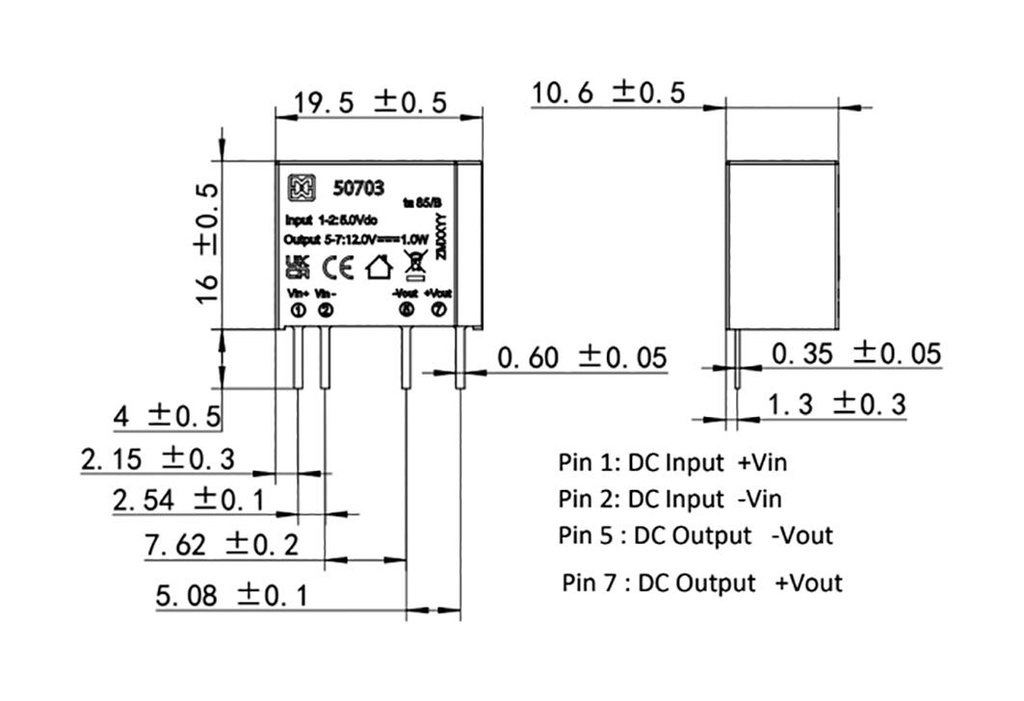 Converter: DC/DC; 1W; Uin: 4.5÷5.5VDC; Uout: 5VDC; Iout: 200mA; PCB