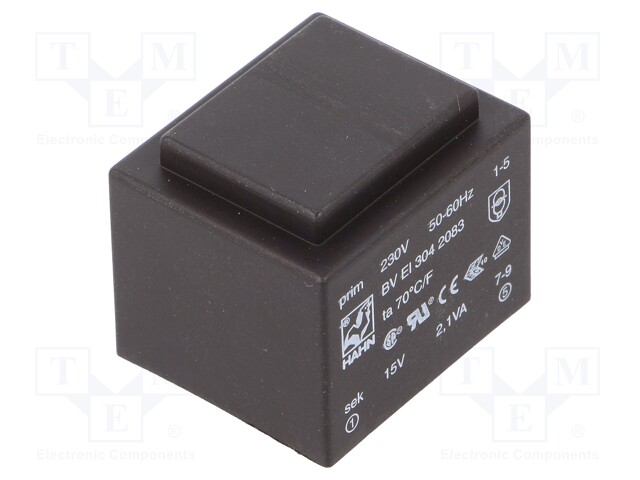 Transformer: encapsulated; 2.1VA; 230VAC; 15V; 140mA; Mounting: PCB