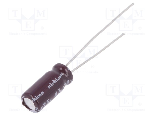 Capacitor: electrolytic; THT; 47uF; 25VDC; Ø5x11mm; Pitch: 2mm; ±20%