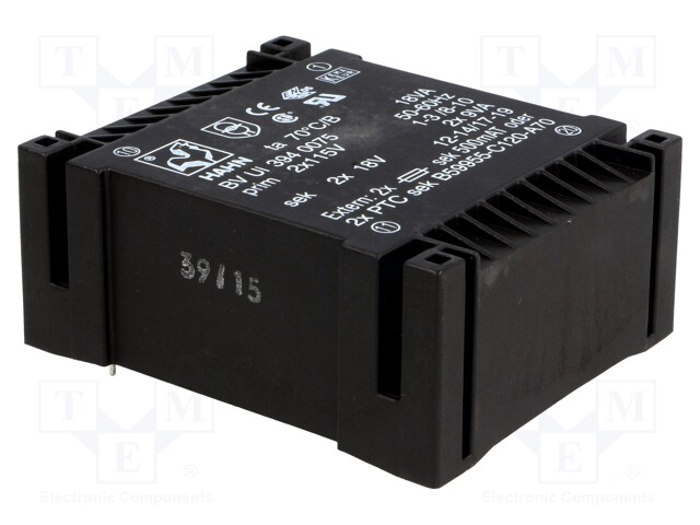 Transformer: encapsulated; 18VA; 115/115VAC; 18V; 18V; 500mA; 500mA