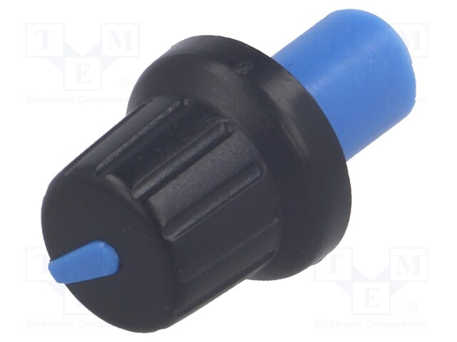 Knob; with pointer; ABS; Shaft d: 6mm; Ø16x14.4mm; black; push-in