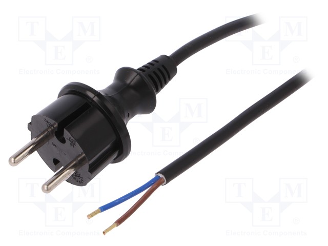 Cable; CEE 7/17 (C) plug,wires; 5m; black; PVC; 2x1mm2; 16A; 250V