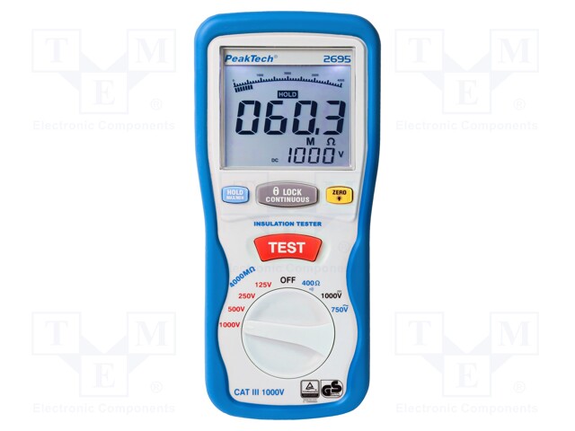 Meter: insulation resistance; R range: 40/400Ω; 4/40/400/4000MΩ