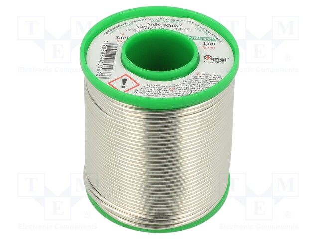 Soldering wire; Sn99,3Cu0,7; 2mm; 1000g; lead free; Package: reel