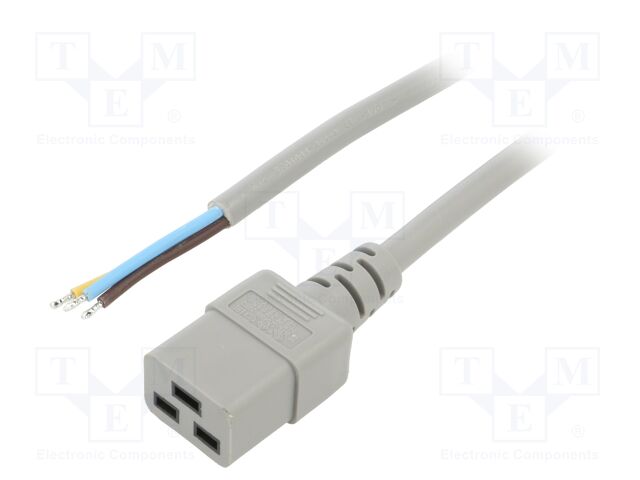 Cable; 3x1.5mm2; IEC C19 female,wires; PVC; Len: 3m; grey; 16A; 250V