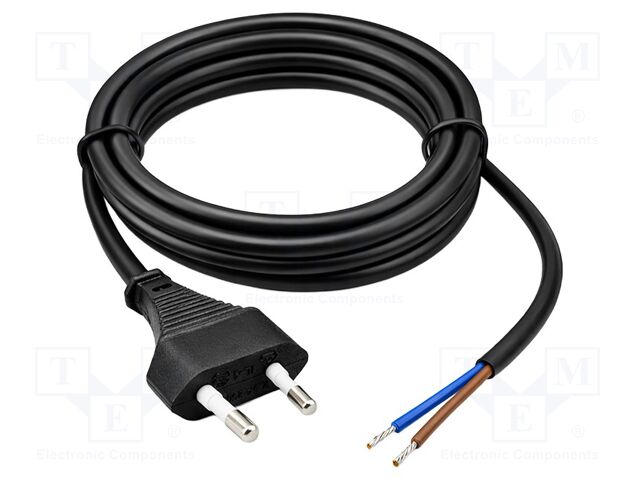 Cable; 2x0.5mm2; CEE 7/16 (C) plug,wires; PVC; 1.8m; black; 230V