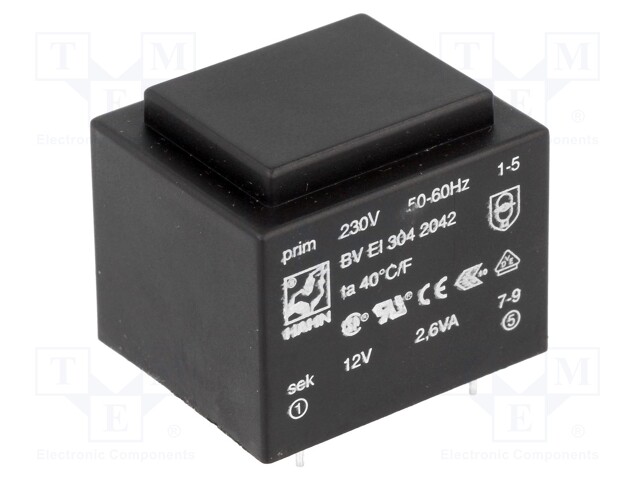 Transformer: encapsulated; 2.6VA; 230VAC; 12V; 217mA; Mounting: PCB