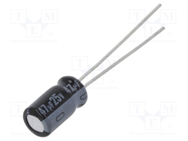Capacitor: electrolytic; THT; 47uF; 25VDC; Ø5x9mm; Pitch: 2mm; ±20%