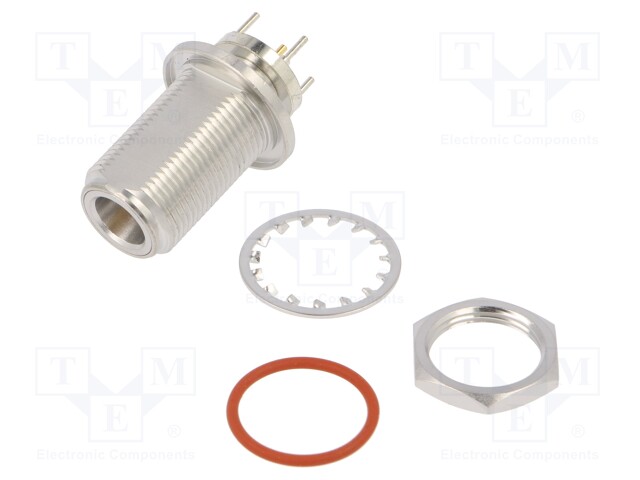 Socket; N; female; straight; 50Ω; THT; front side nut,screwed