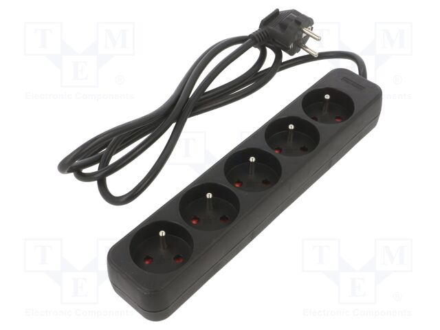 Extension lead; 3x1mm2; Sockets: 5; rubber; black; 1.5m; 10A