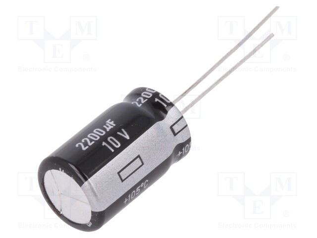 Capacitor: electrolytic; THT; 2200uF; 10VDC; Ø12.5x20mm; Pitch: 5mm