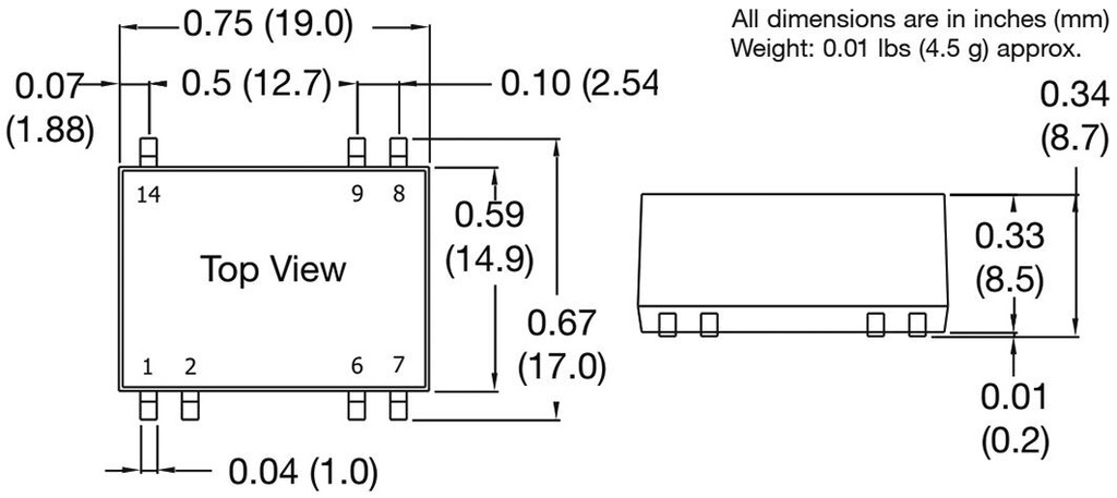 Isolated Board Mount DC/DC Converter, ITE, 2 Output, 3 W, 12 V, 125 mA, -12 V