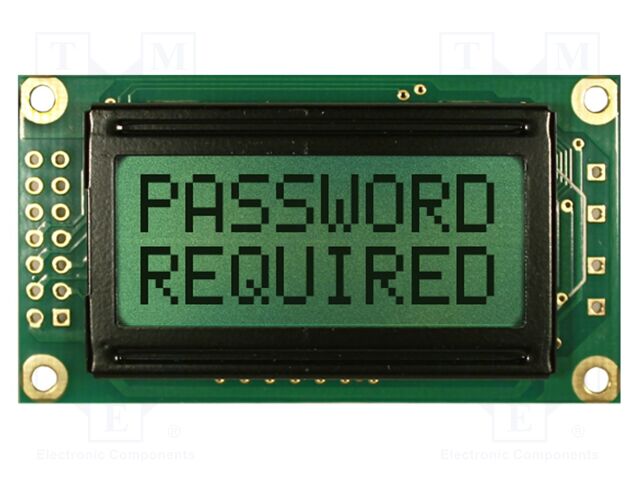 Display: LCD; STN Positive; 8x2; yellow-green; 58x32mm; 2x7; 3.3V