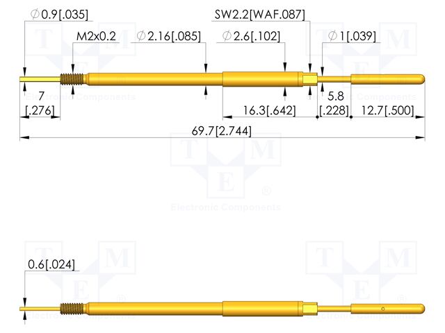 Test needle; Spring compression: 5mm; 5.5mm; 8A; steel; Ø: 1.7mm